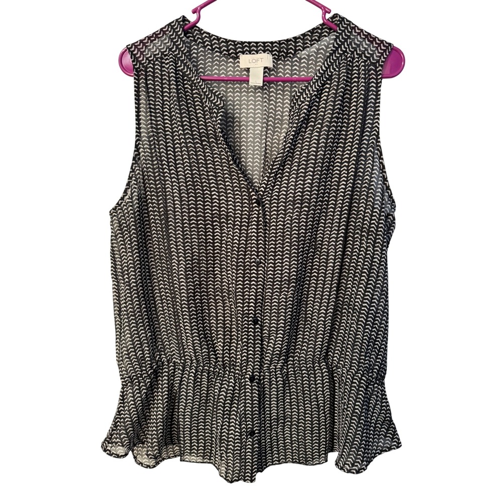 Loft Peplum Blouse Womens L Black White Chevron Sleeveless